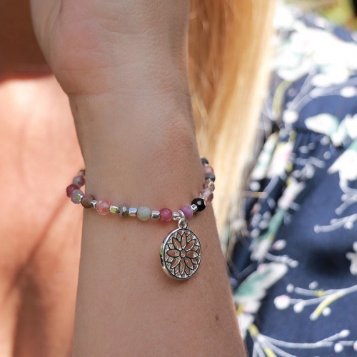 Mixed Pink Bead and Silver Plated Mandala Bracelet by Peace of Mind